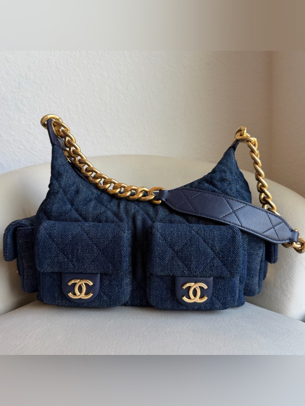 CHANEL Dark Blue Washed Denim Quilted Cargo Large Hobo GHW Shoulder Bag